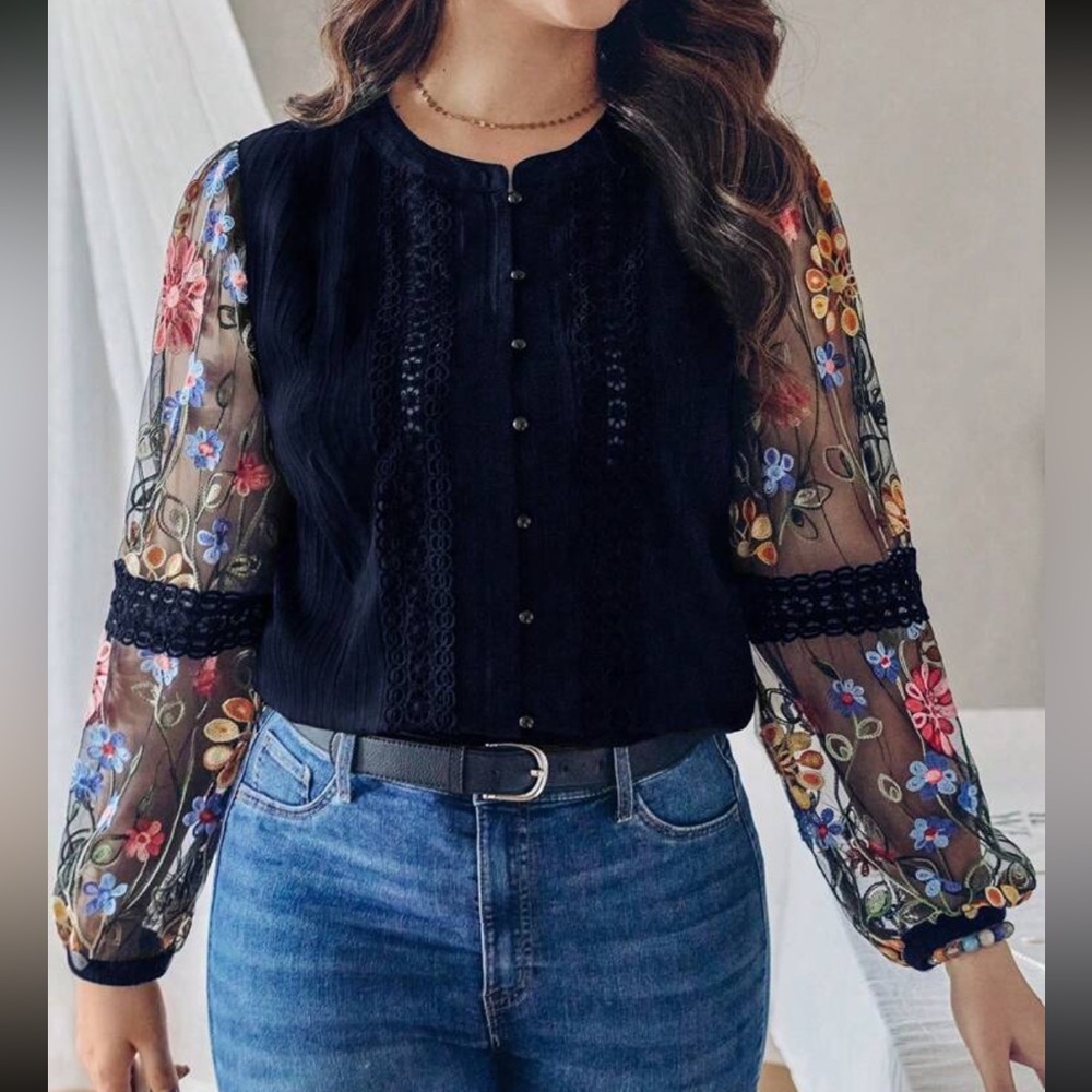 Boho Sheer Mesh Floral Embroidered Button Down Up Shirt Top Blouse Black - Picture 2 of 8